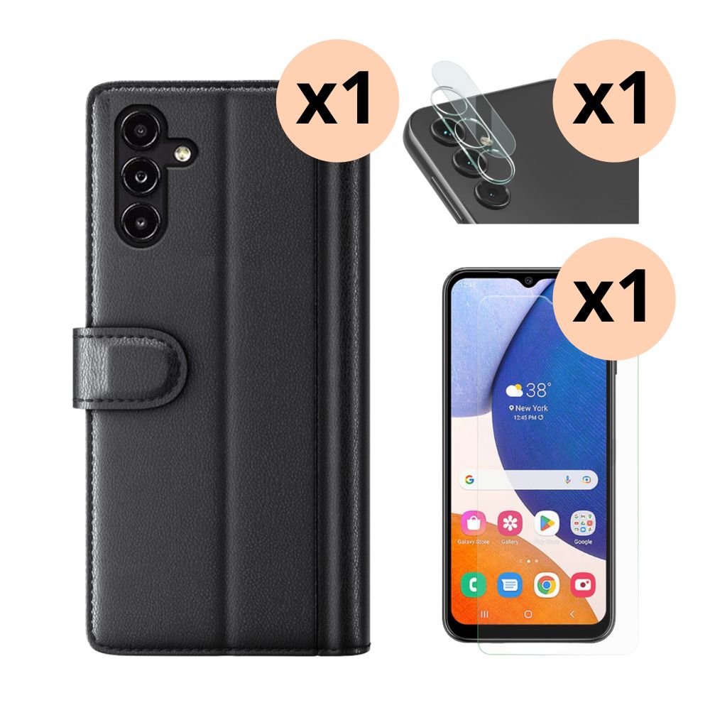 Samsung Galaxy A14 Kit mit Handytasche, Displayschutz-Panzerglas und Panzerglas für Kamera